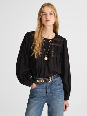 Madewell Black Lace-Panel Peasant Blouse